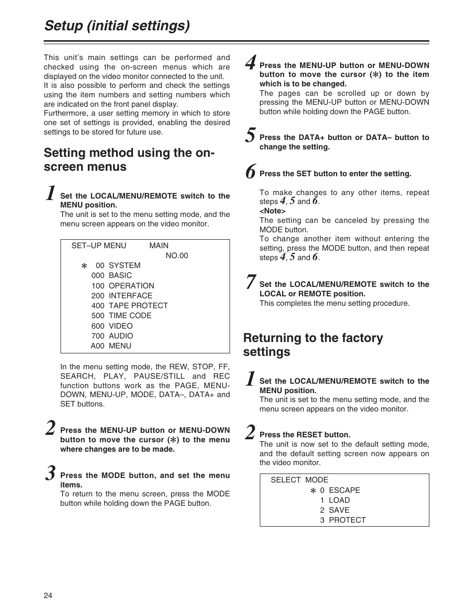 Setup (intial settings), Setting method using the on-screen menus, Returning to the factory settings | Setup (initial settings) | Panasonic AJ-P User Manual | Page 24 / 56