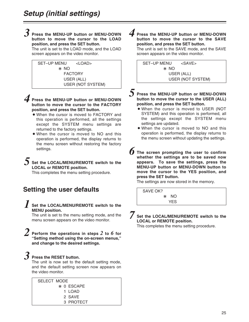 Setting the user defaults, Setup (initial settings) | Panasonic AJ-P User Manual | Page 25 / 56