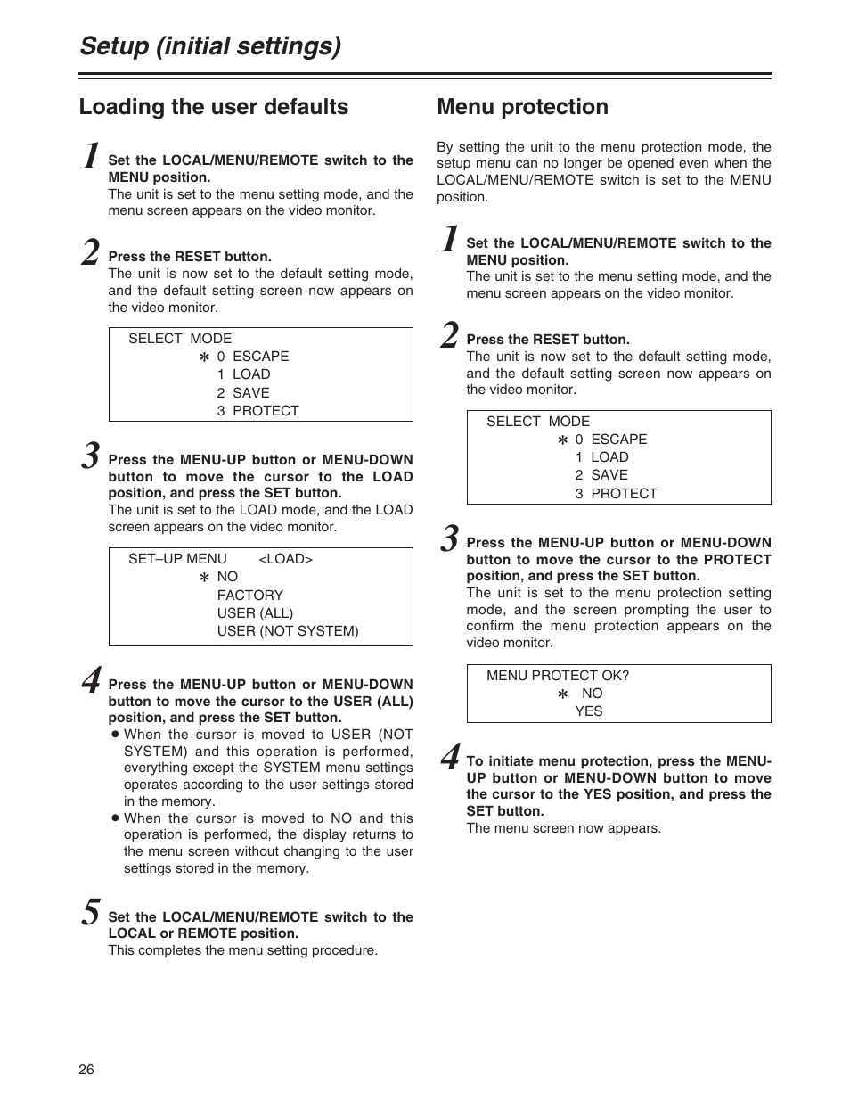 Loading the user defaults, Menu protection, Setup (initial settings) | Panasonic AJ-P User Manual | Page 26 / 56
