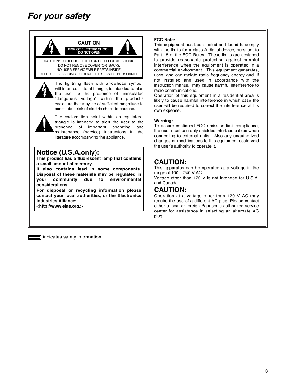 For your safety, Caution, Notice (u.s.a.only) | Panasonic AJ-P User Manual | Page 3 / 56