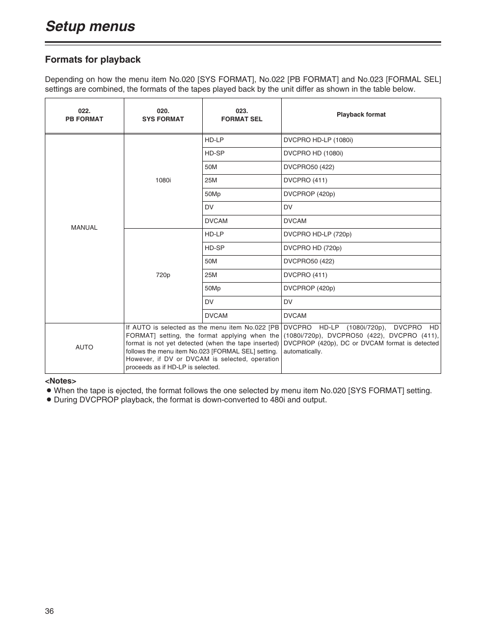 Setup menus, Formats for playback | Panasonic AJ-P User Manual | Page 36 / 56