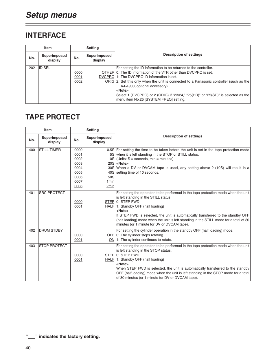 Interface, Tape protect, Setup menus | Panasonic AJ-P User Manual | Page 40 / 56