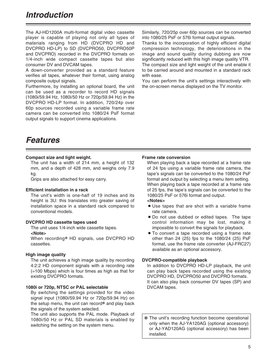 Introduction, Features | Panasonic AJ-P User Manual | Page 5 / 56