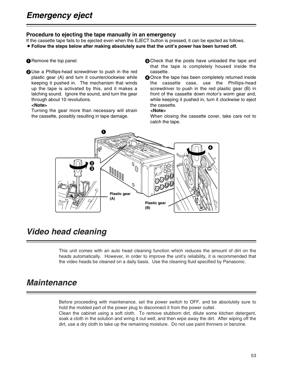 Emergency eject, Video head cleaning, Maintenance | Panasonic AJ-P User Manual | Page 53 / 56