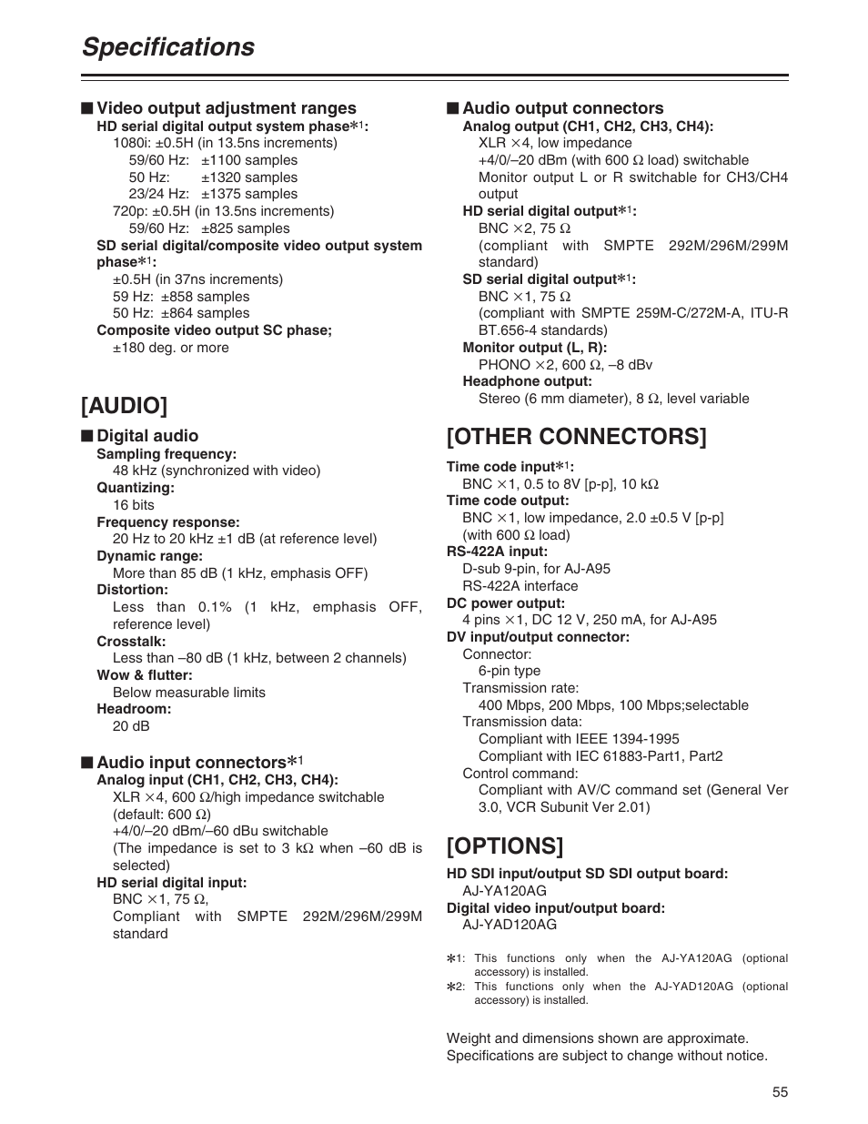 Specifications, Audio, Other connectors] [options | Panasonic AJ-P User Manual | Page 55 / 56