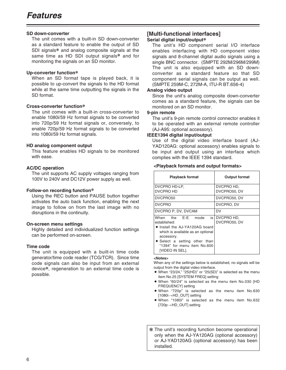 Features, Multi-functional interfaces | Panasonic AJ-P User Manual | Page 6 / 56
