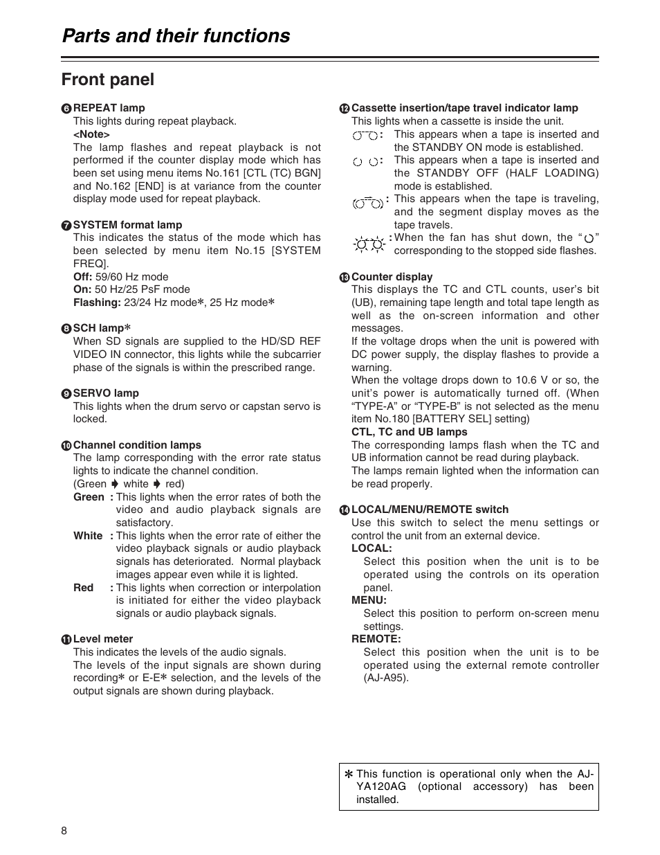 Parts and their functions, Front panel | Panasonic AJ-P User Manual | Page 8 / 56