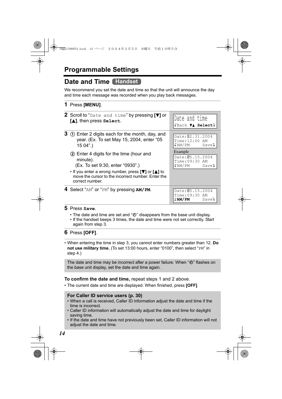 Programmable settings, Date and time, Handset | Panasonic KX-TG2356 User Manual | Page 14 / 87