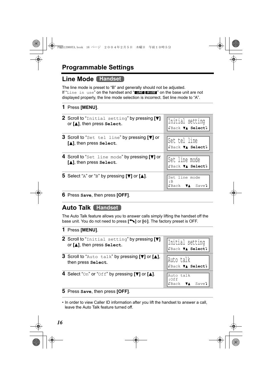 Initial setting, Set tel line, Set line mode | Programmable settings, Line mode, Auto talk, Handset | Panasonic KX-TG2356 User Manual | Page 16 / 87