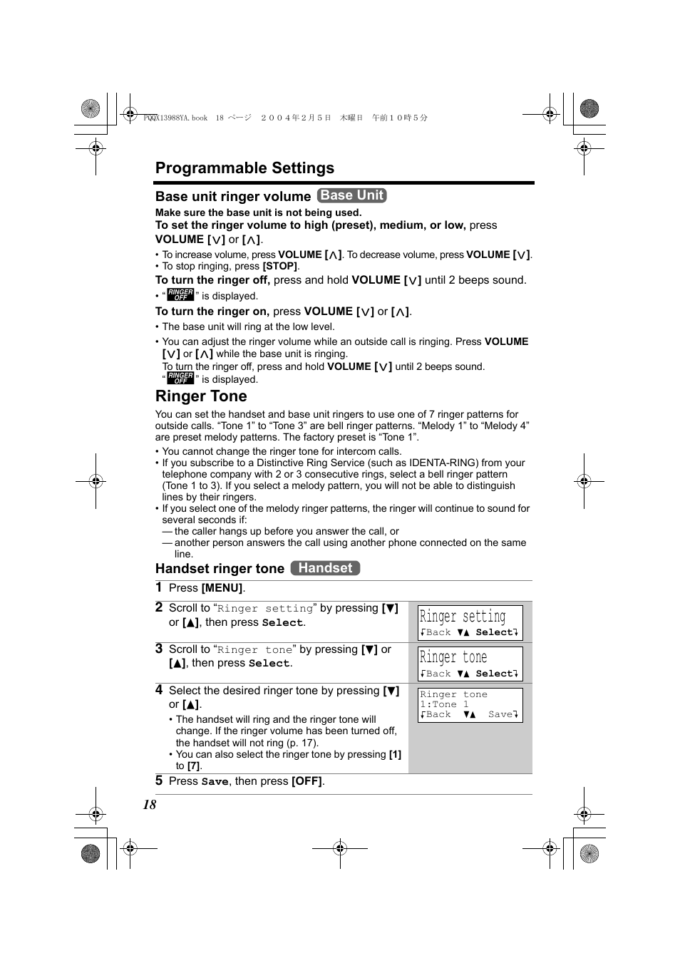 Ringer setting, Programmable settings, Ringer tone | 18 base unit ringer volume, Handset ringer tone, Base unit handset | Panasonic KX-TG2356 User Manual | Page 18 / 87