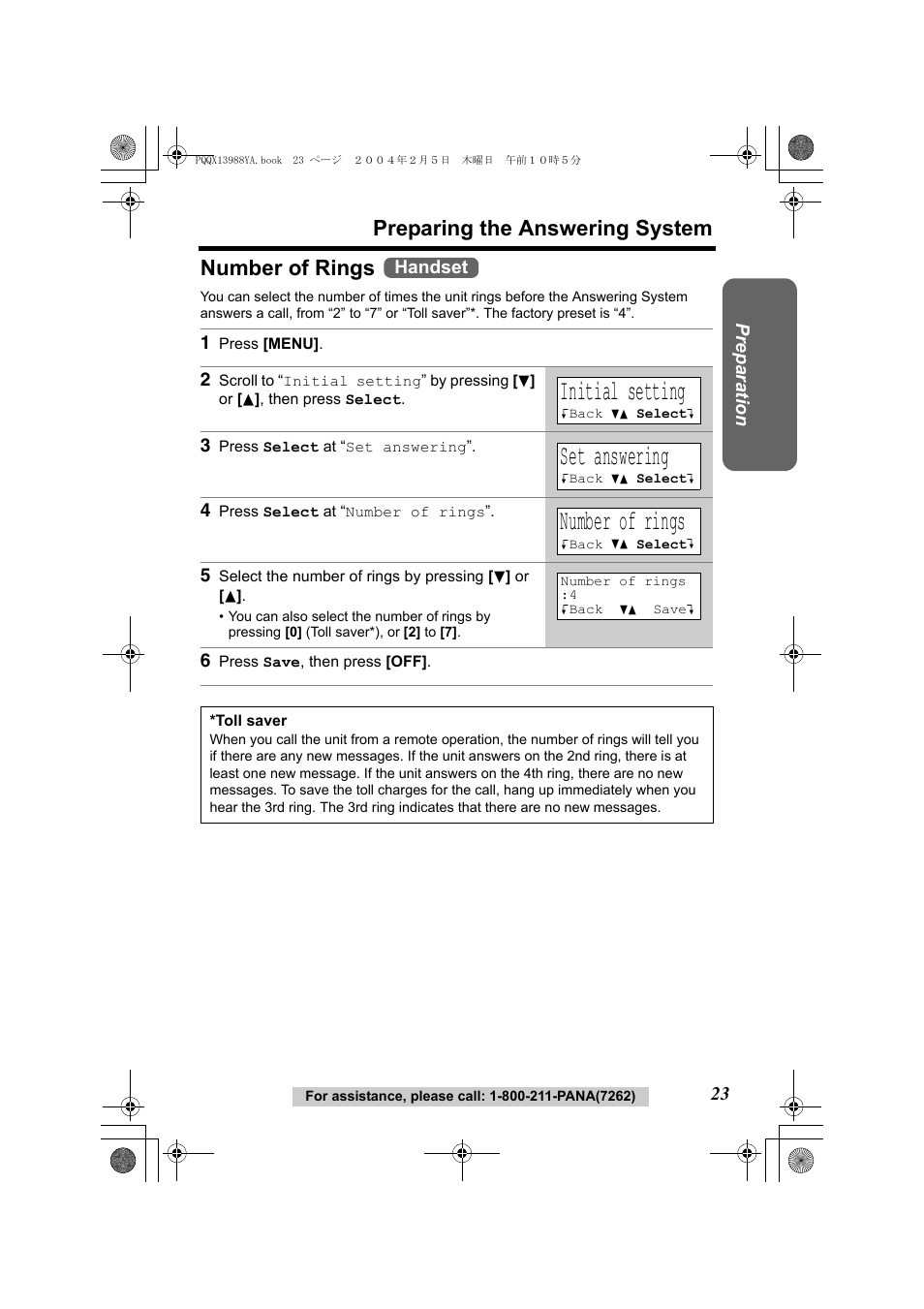 Initial setting, Set answering, Number of rings | Preparing the answering system number of rings | Panasonic KX-TG2356 User Manual | Page 23 / 87
