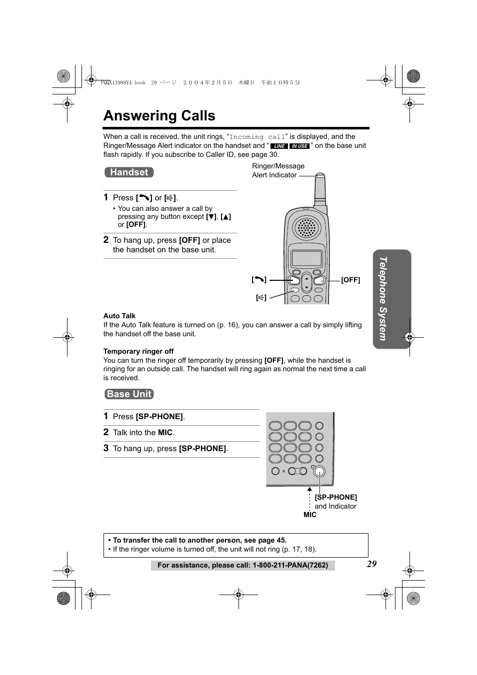 Answering calls | Panasonic KX-TG2356 User Manual | Page 29 / 87