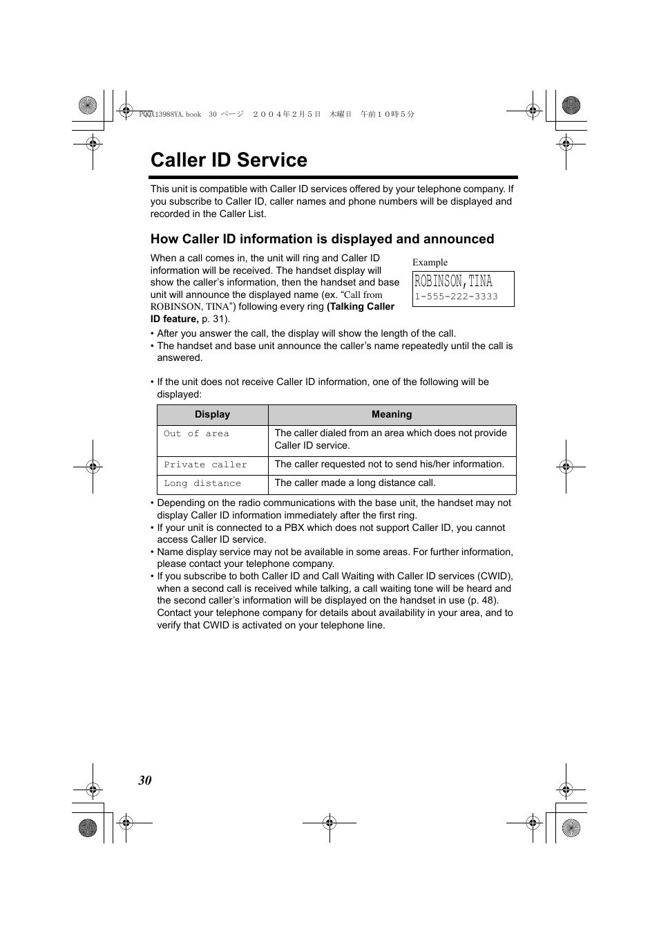 Caller id service, Robinson,tina | Panasonic KX-TG2356 User Manual | Page 30 / 87