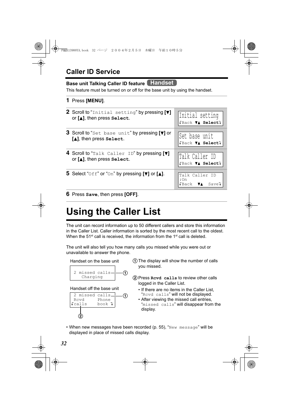 Using the caller list, Initial setting, Set base unit | Talk caller id, Caller id service, Handset | Panasonic KX-TG2356 User Manual | Page 32 / 87