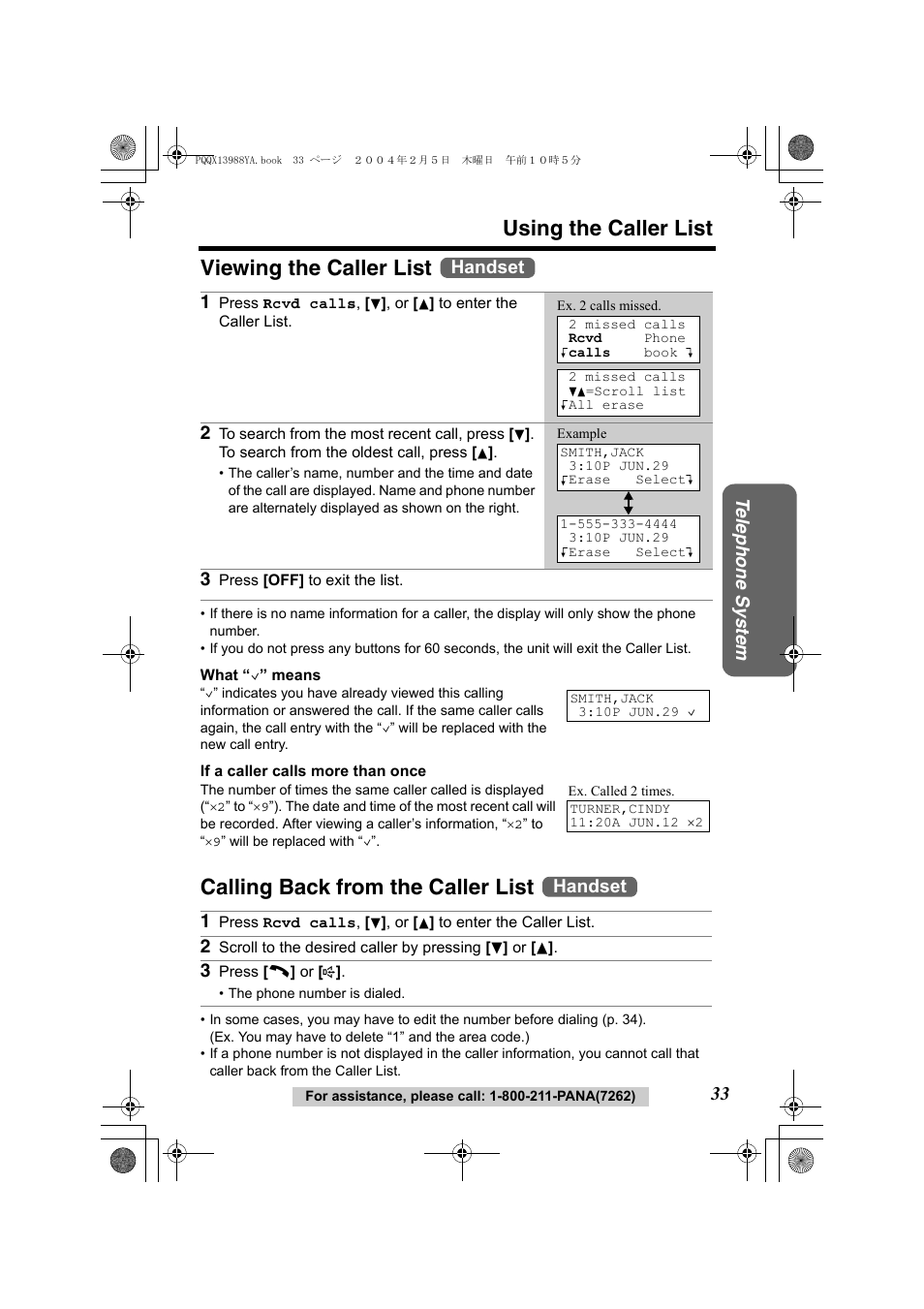 Using the caller list, Viewing the caller list, Calling back from the caller list | Te lephone system, Handset | Panasonic KX-TG2356 User Manual | Page 33 / 87