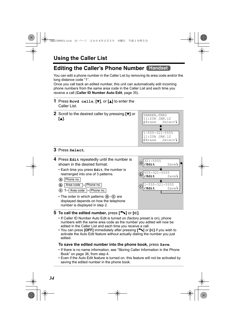 Using the caller list, Editing the caller’s phone number, Handset | Panasonic KX-TG2356 User Manual | Page 34 / 87