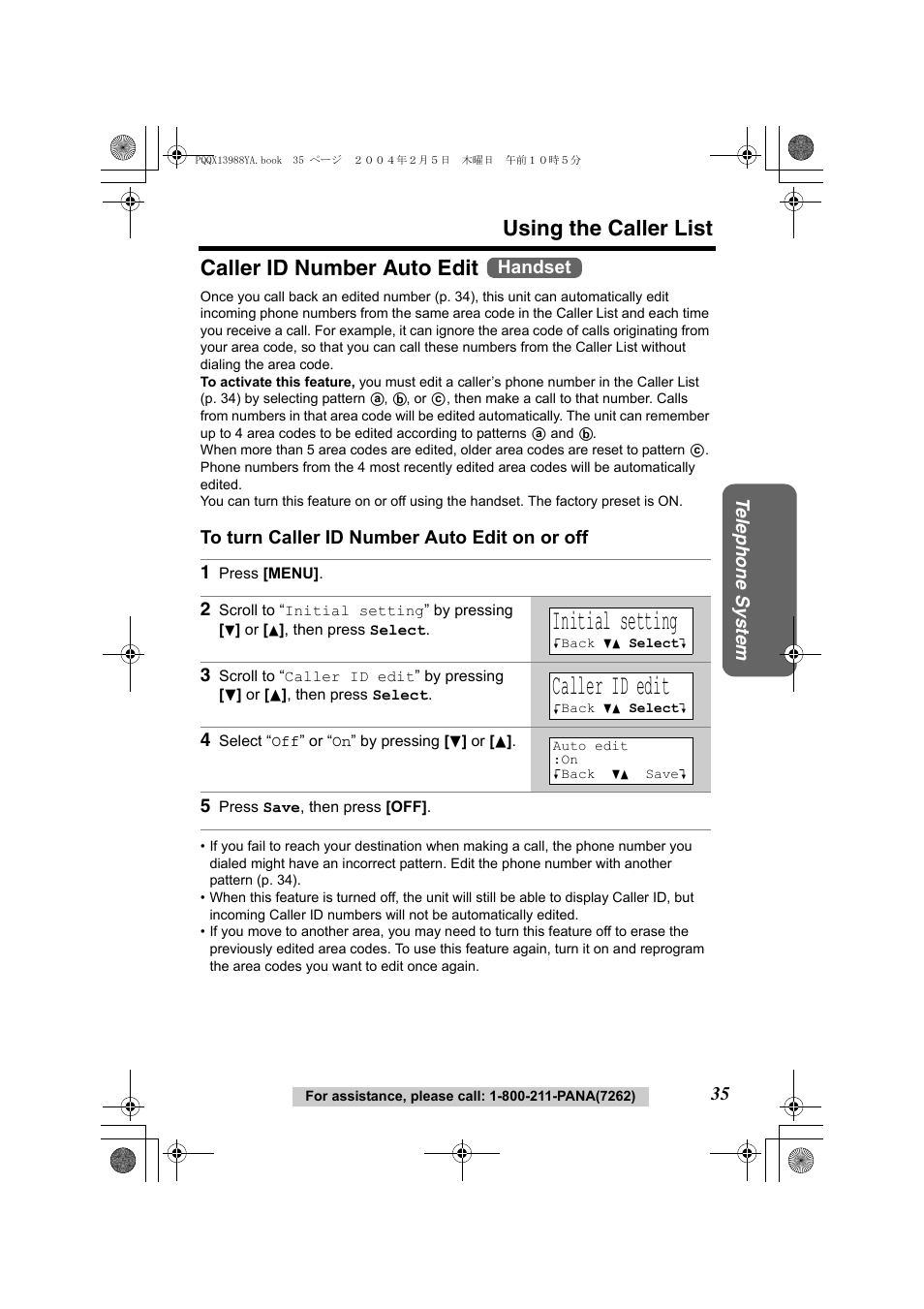 Initial setting, Caller id edit, Using the caller list | Caller id number auto edit, Te lephone system, Handset | Panasonic KX-TG2356 User Manual | Page 35 / 87