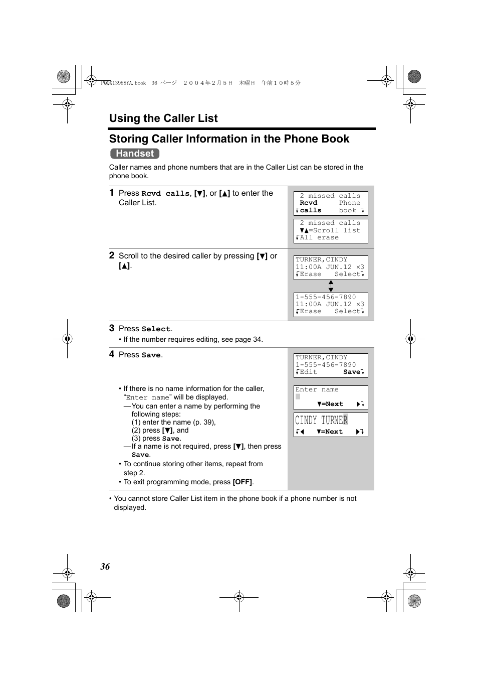 Cindy turne | r, Using the caller list, Storing caller information in the phone book | Handset | Panasonic KX-TG2356 User Manual | Page 36 / 87