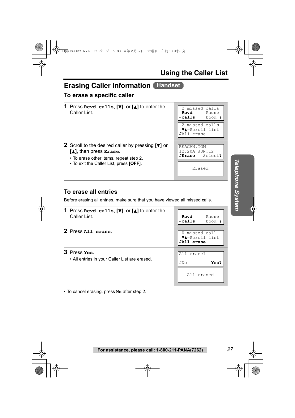 Using the caller list, Erasing caller information, Te lephone system | Handset | Panasonic KX-TG2356 User Manual | Page 37 / 87