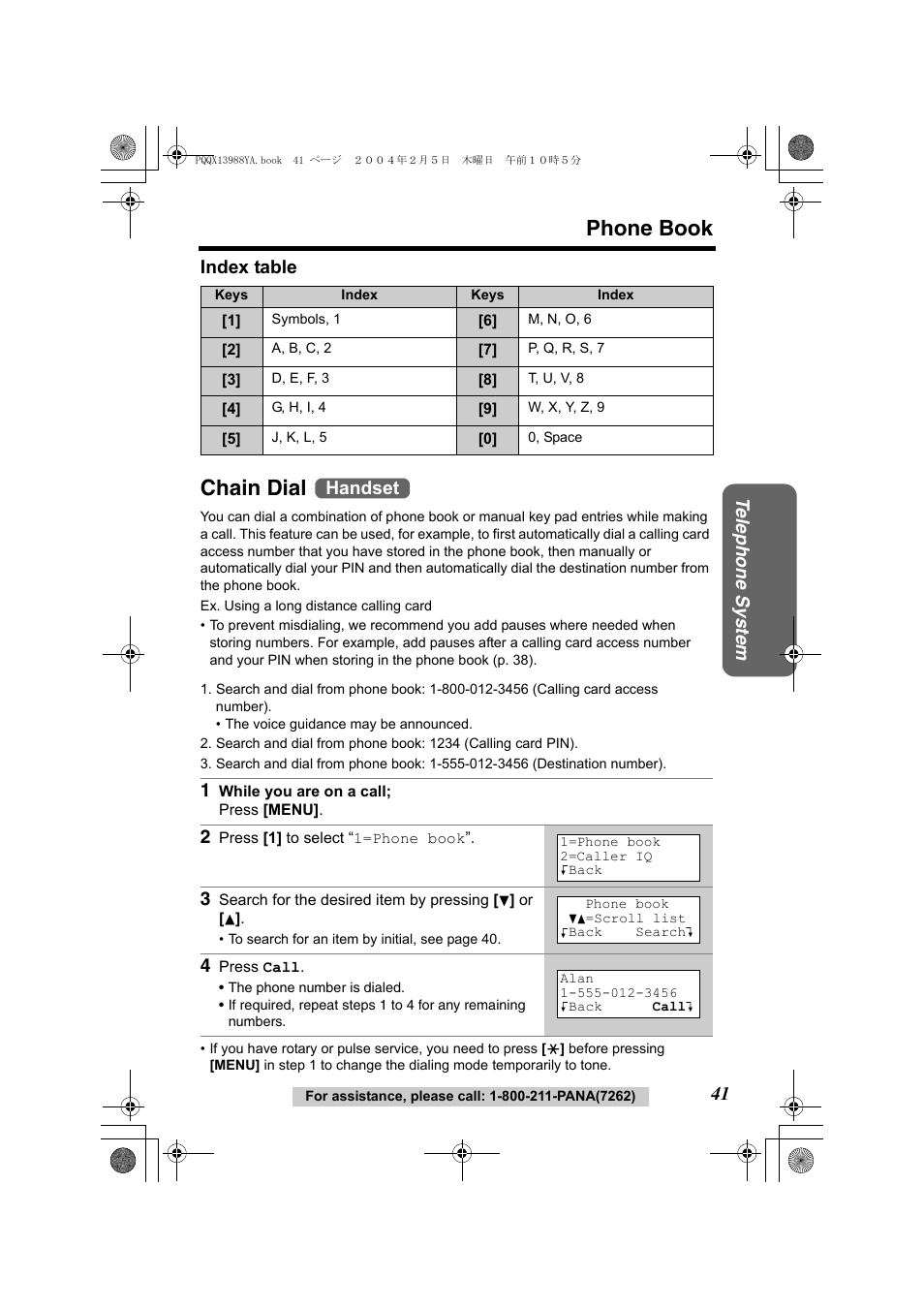 Phone book, Chain dial, Te lephone system | 41 index table, Handset | Panasonic KX-TG2356 User Manual | Page 41 / 87