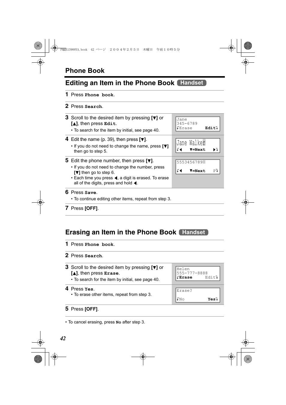 Jane walke | r, Phone book | Panasonic KX-TG2356 User Manual | Page 42 / 87