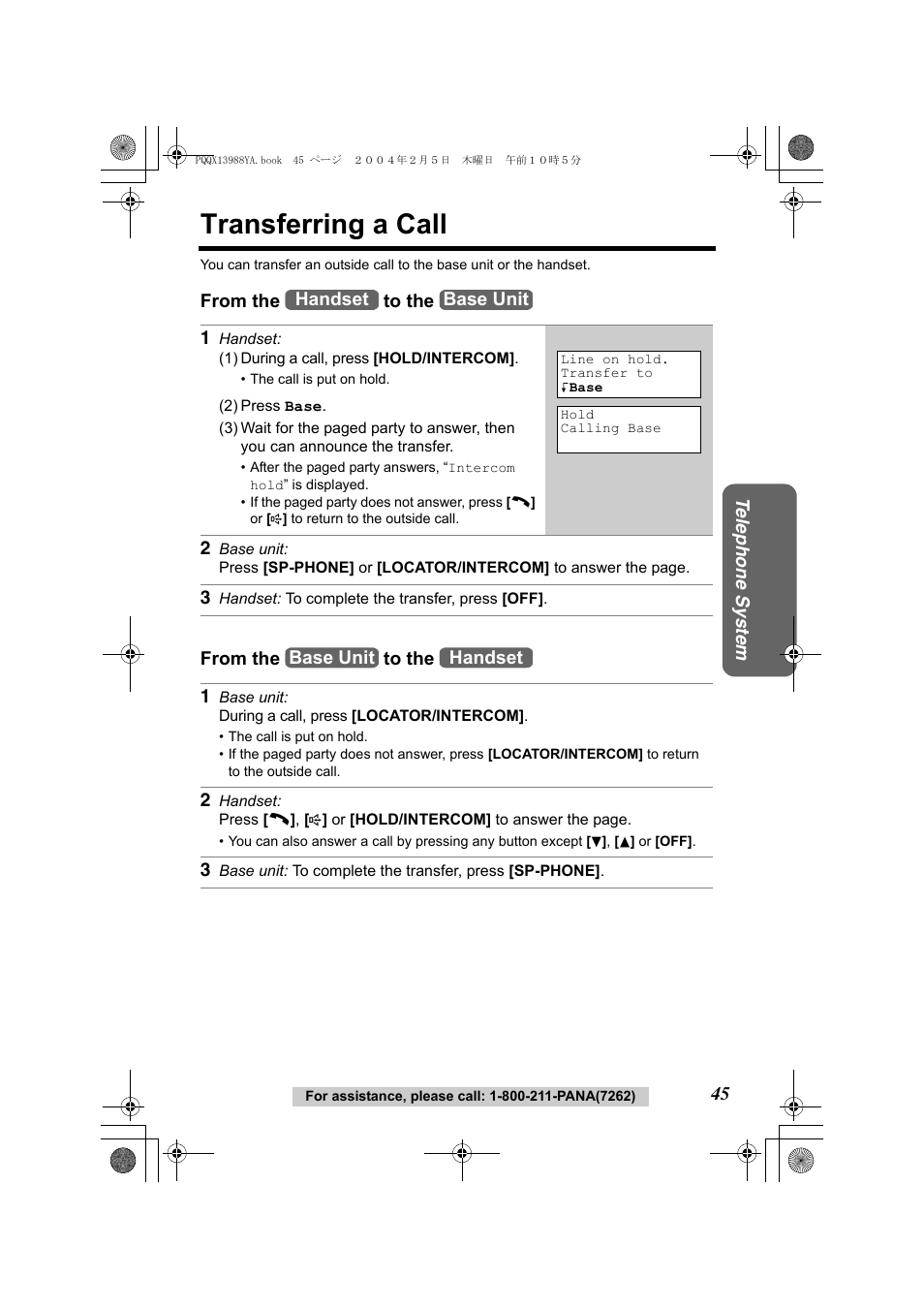 Transferring a call | Panasonic KX-TG2356 User Manual | Page 45 / 87