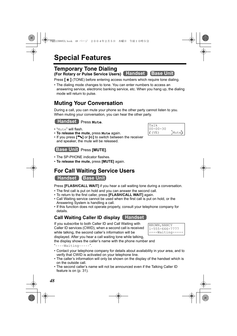 Special features, Temporary tone dialing, Muting your conversation | For call waiting service users | Panasonic KX-TG2356 User Manual | Page 48 / 87