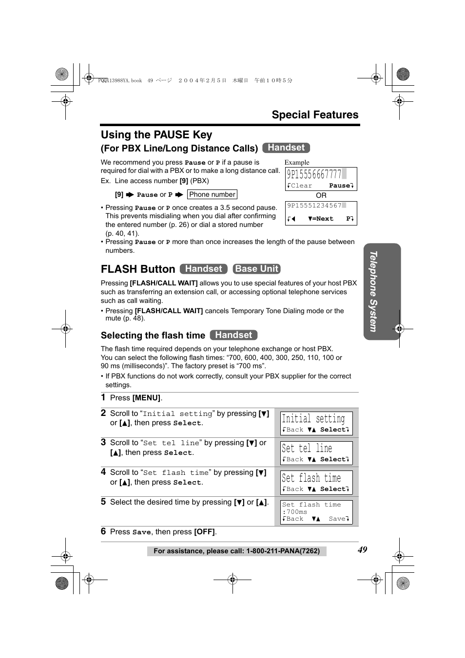 Initial setting, Set tel line, Set flash time | Special features, Using the pause key, Flash button | Panasonic KX-TG2356 User Manual | Page 49 / 87