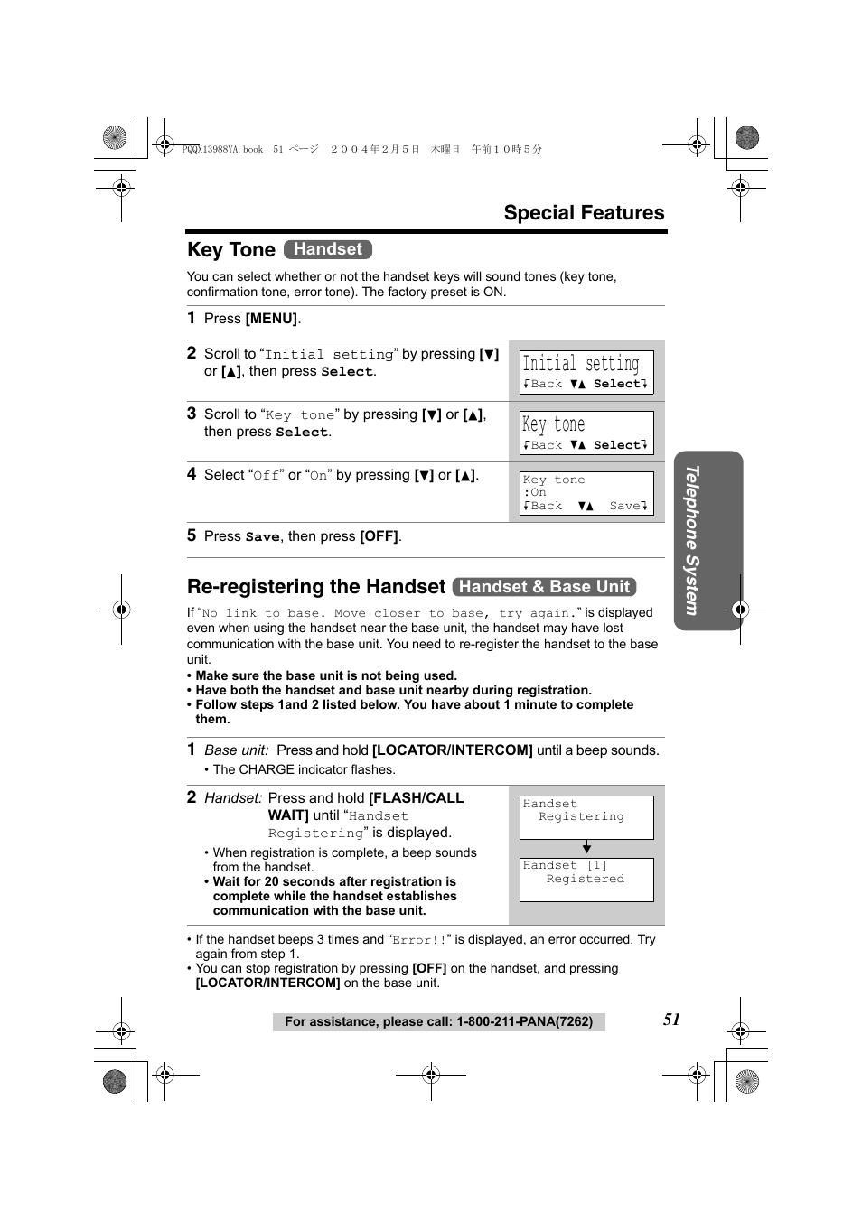 Initial setting, Special features, Key tone | Re-registering the handset, Te lephone system, Handset, Handset & base unit | Panasonic KX-TG2356 User Manual | Page 51 / 87