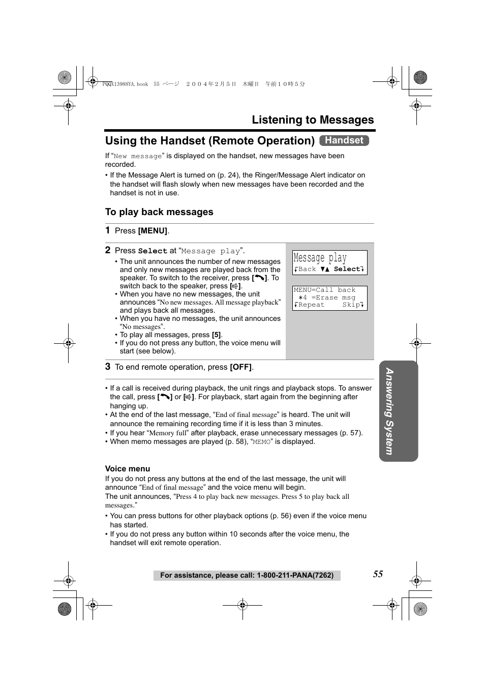 Message play, Listening to messages, Using the handset (remote operation) | Ans w ering system, Handset | Panasonic KX-TG2356 User Manual | Page 55 / 87