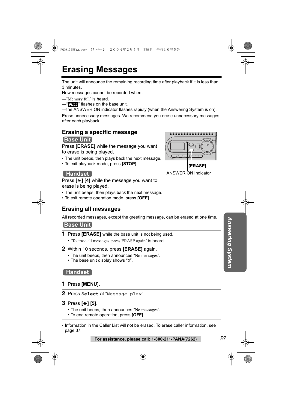 Erasing messages | Panasonic KX-TG2356 User Manual | Page 57 / 87