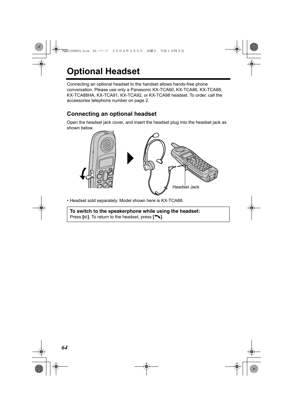 Optional headset | Panasonic KX-TG2356 User Manual | Page 64 / 87