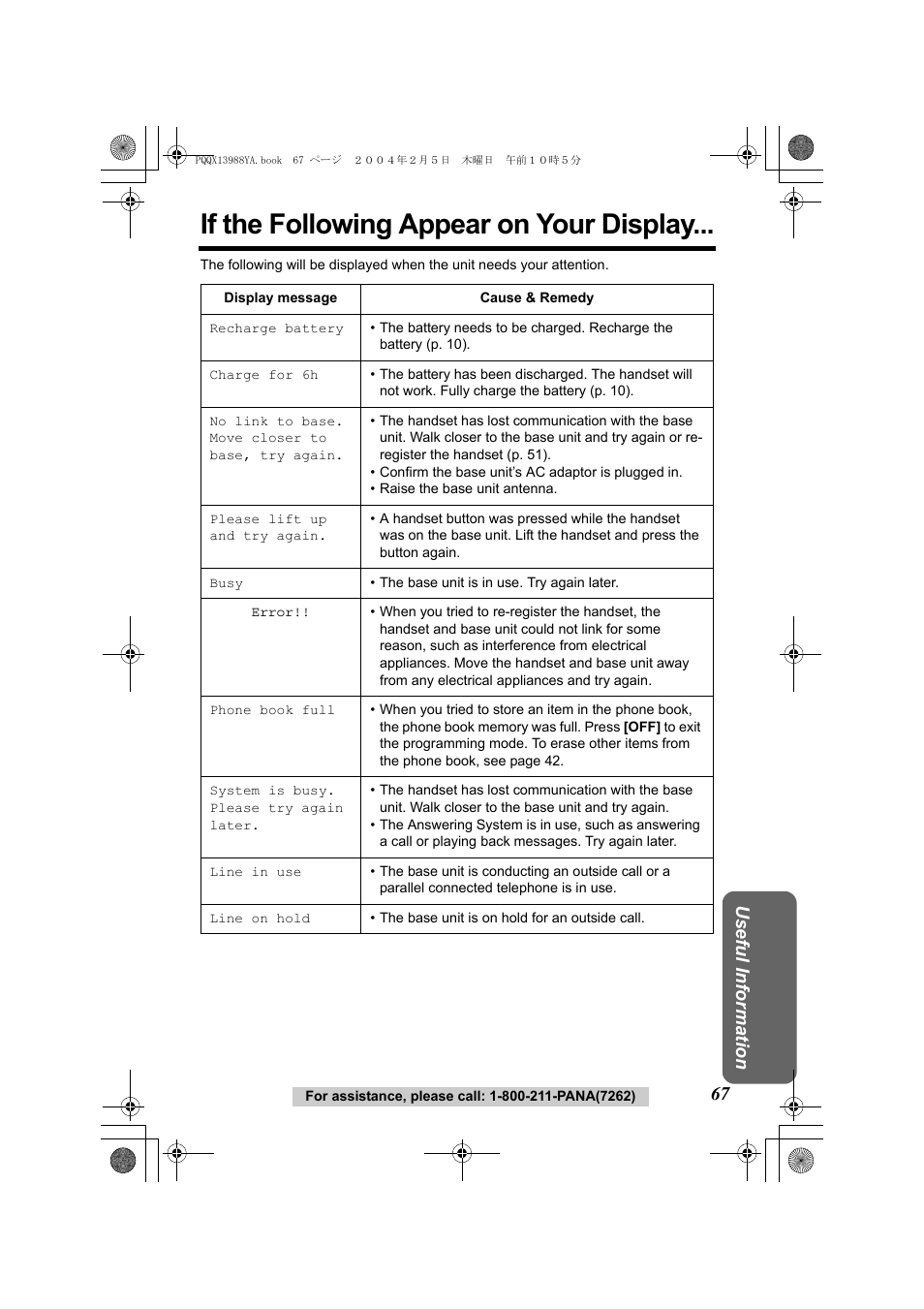 If the following appear on your display, Usef ul inform ation | Panasonic KX-TG2356 User Manual | Page 67 / 87