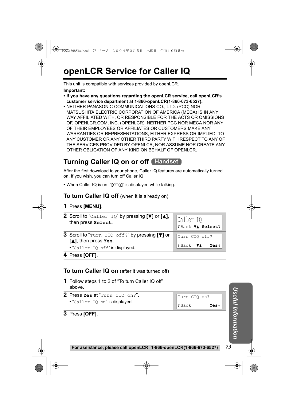 Openlcr service for caller iq, Caller iq, Turning caller iq on or off | Panasonic KX-TG2356 User Manual | Page 73 / 87