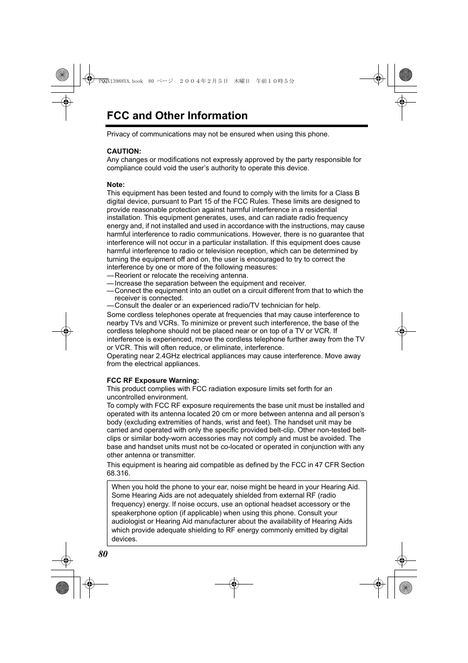 Fcc and other information | Panasonic KX-TG2356 User Manual | Page 80 / 87