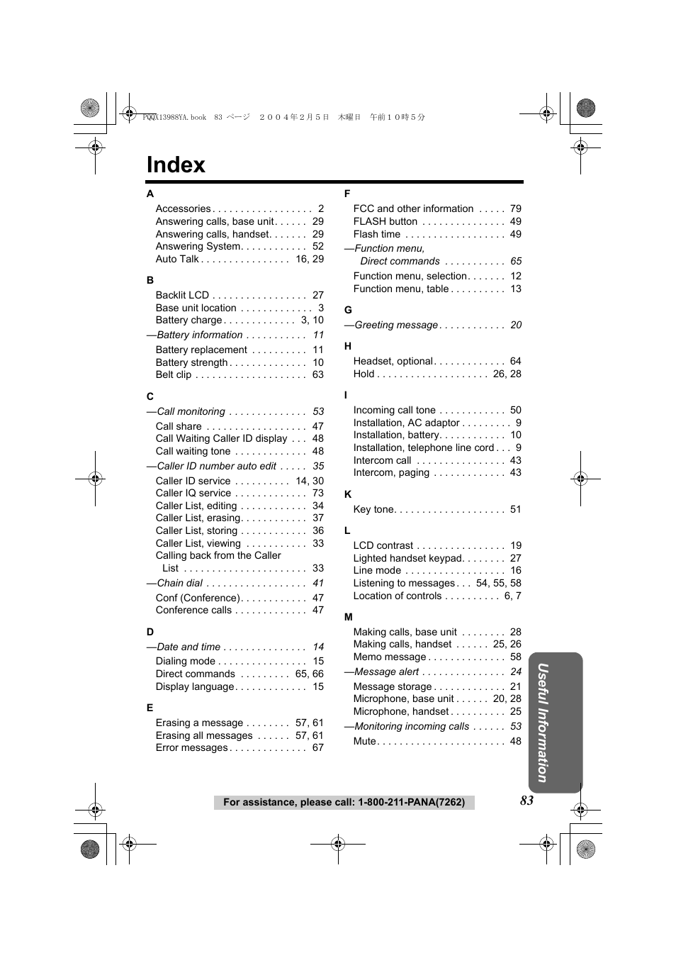 Index, Usef ul inform ation | Panasonic KX-TG2356 User Manual | Page 83 / 87