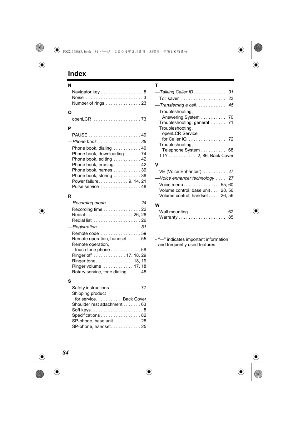 Index | Panasonic KX-TG2356 User Manual | Page 84 / 87