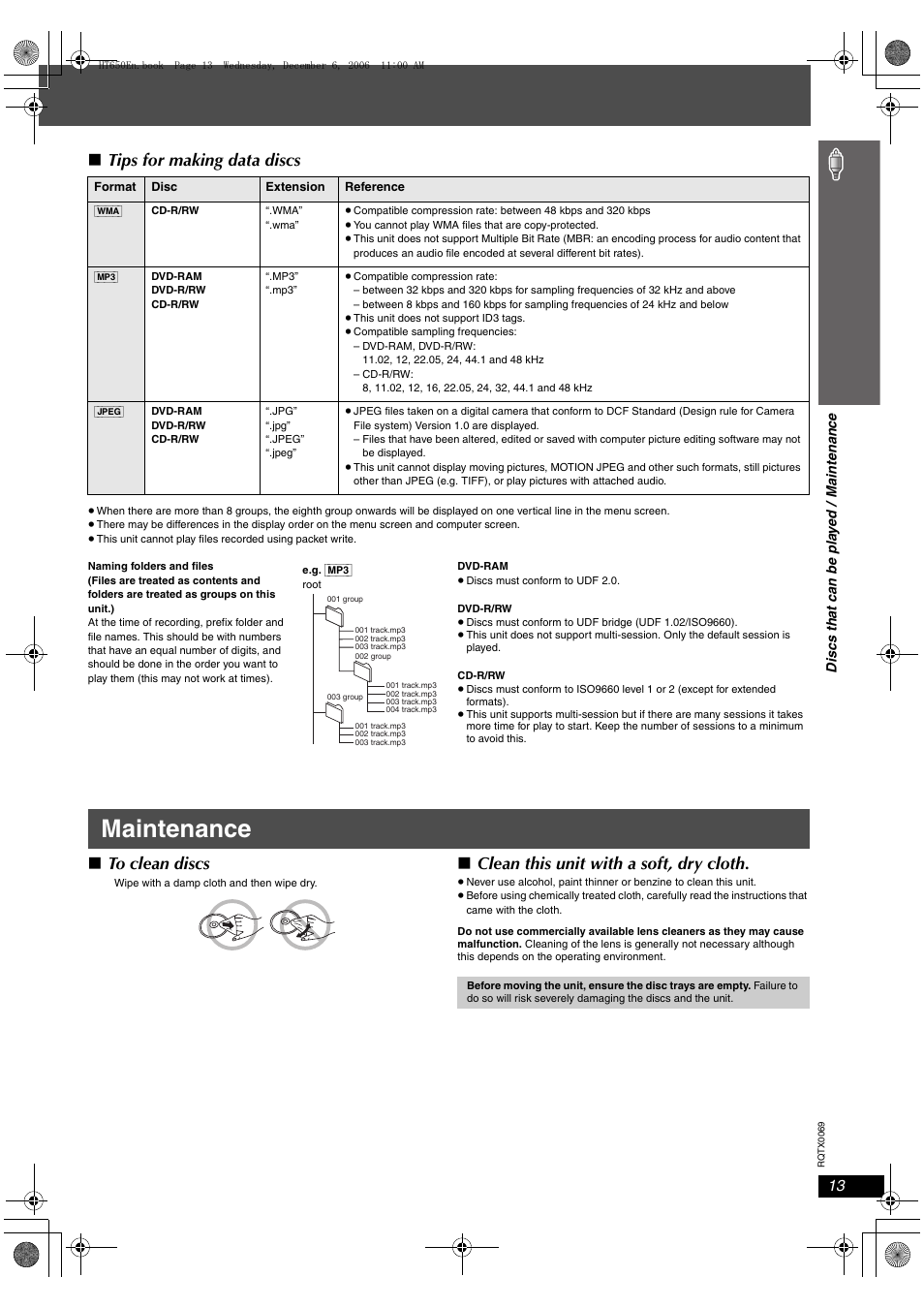 Maintenance, Tips for making data discs, Clean this unit with a soft, dry cloth | Panasonic SC-PT650 User Manual | Page 13 / 40