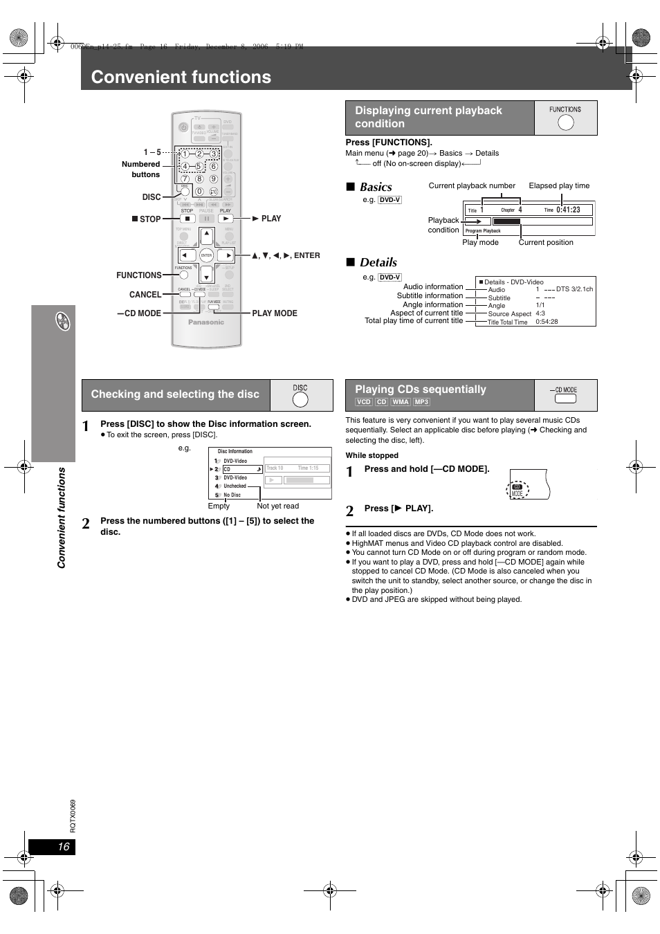 Convenient functions, Basics, Details | Checking and selecting the disc, Con venient functions | Panasonic SC-PT650 User Manual | Page 16 / 40