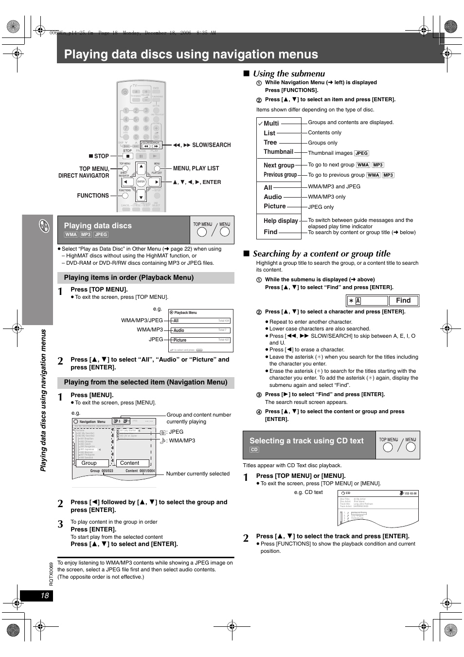 Playing data discs using navigation menus, Using the submenu, Searching by a content or group title | Playing data discs, Selecting a track using cd text, Playing items in order (playback menu), Playing from the selected item (navigation menu), Find | Panasonic SC-PT650 User Manual | Page 18 / 40
