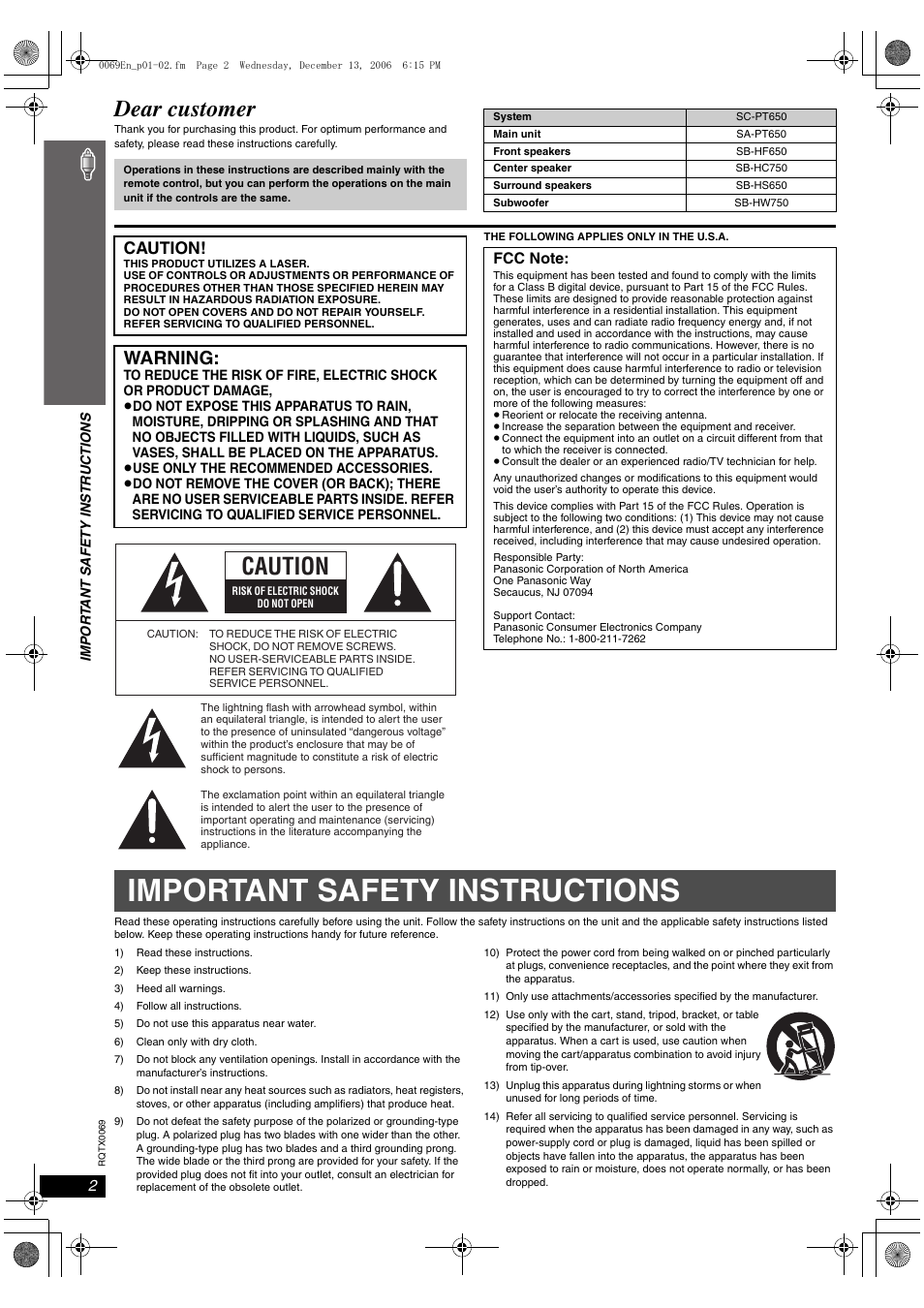 Important safety instructions, Dear customer, Warning | Caution | Panasonic SC-PT650 User Manual | Page 2 / 40