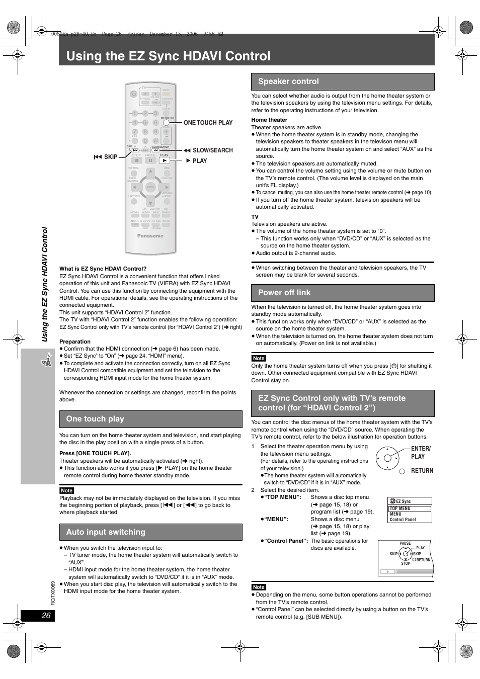 Other operations, Using the ez sync hdavi control, One touch play auto input switching | Panasonic SC-PT650 User Manual | Page 26 / 40