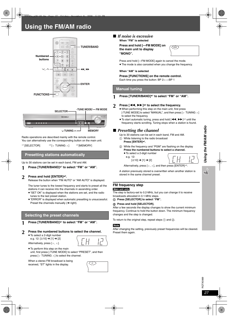 Using the fm/am radio, If noise is excessive, Presetting the channel | Presetting stations automatically, Selecting the preset channels, Manual tuning, Usin g the f m/am rad io, Fm frequency step | Panasonic SC-PT650 User Manual | Page 27 / 40