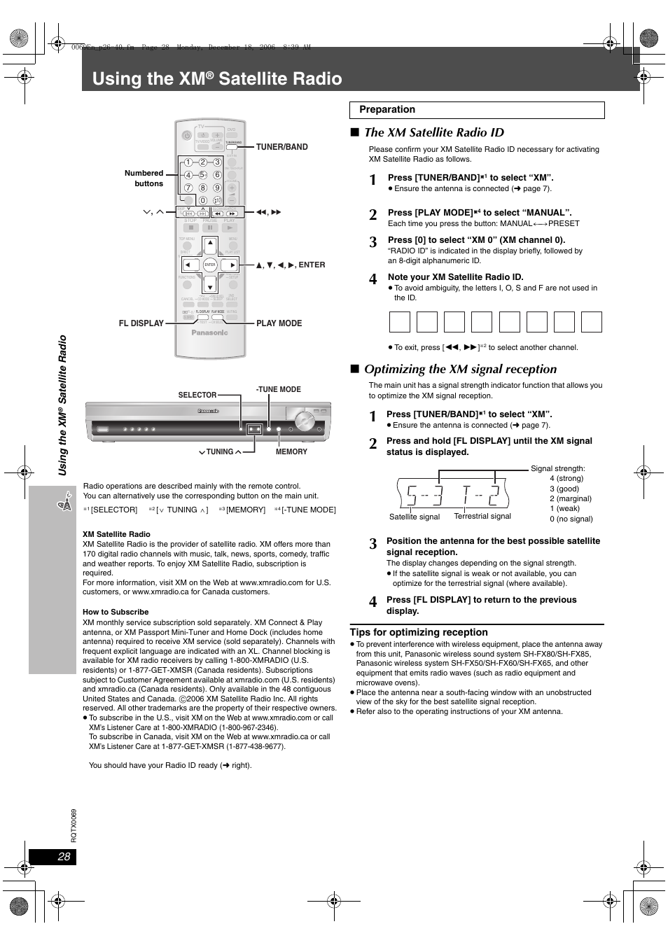 Using the xm satellite radio, Using the xm, Satellite radio | The xm satellite radio id, Optimizing the xm signal reception, Tips for optimizing reception, Preparation, Satell ite radi o | Panasonic SC-PT650 User Manual | Page 28 / 40