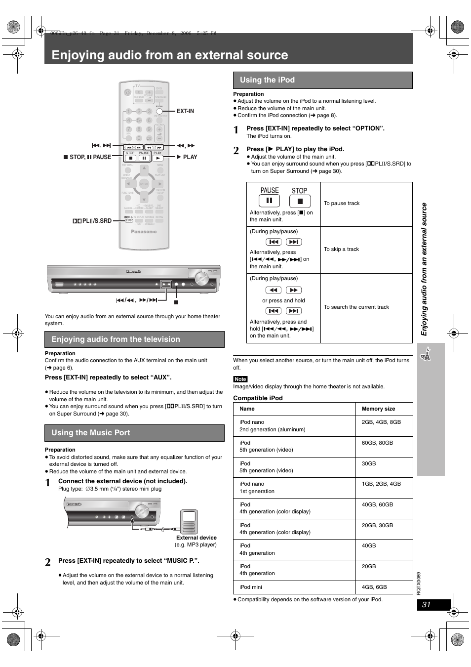 Enjoying audio from an external source, Using the ipod, En jo yi ng aud io fr om an e x tern al sou rce | Panasonic SC-PT650 User Manual | Page 31 / 40