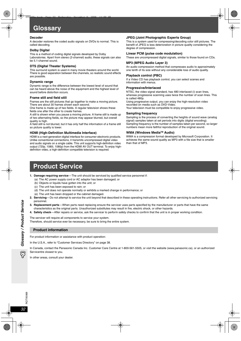 Reference, Glossary, Product service | Panasonic SC-PT650 User Manual | Page 32 / 40