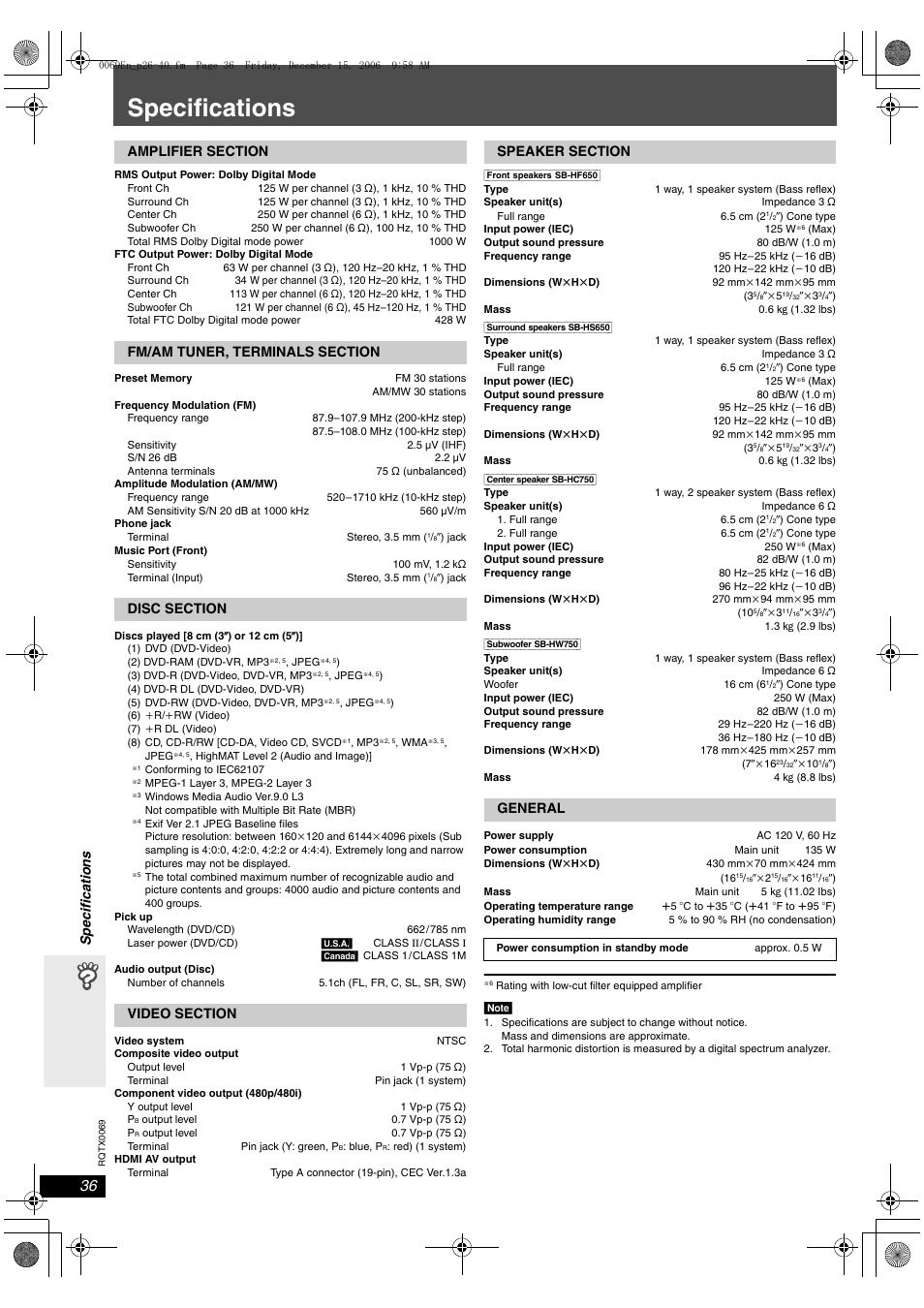 Specifications, Spec ifications | Panasonic SC-PT650 User Manual | Page 36 / 40