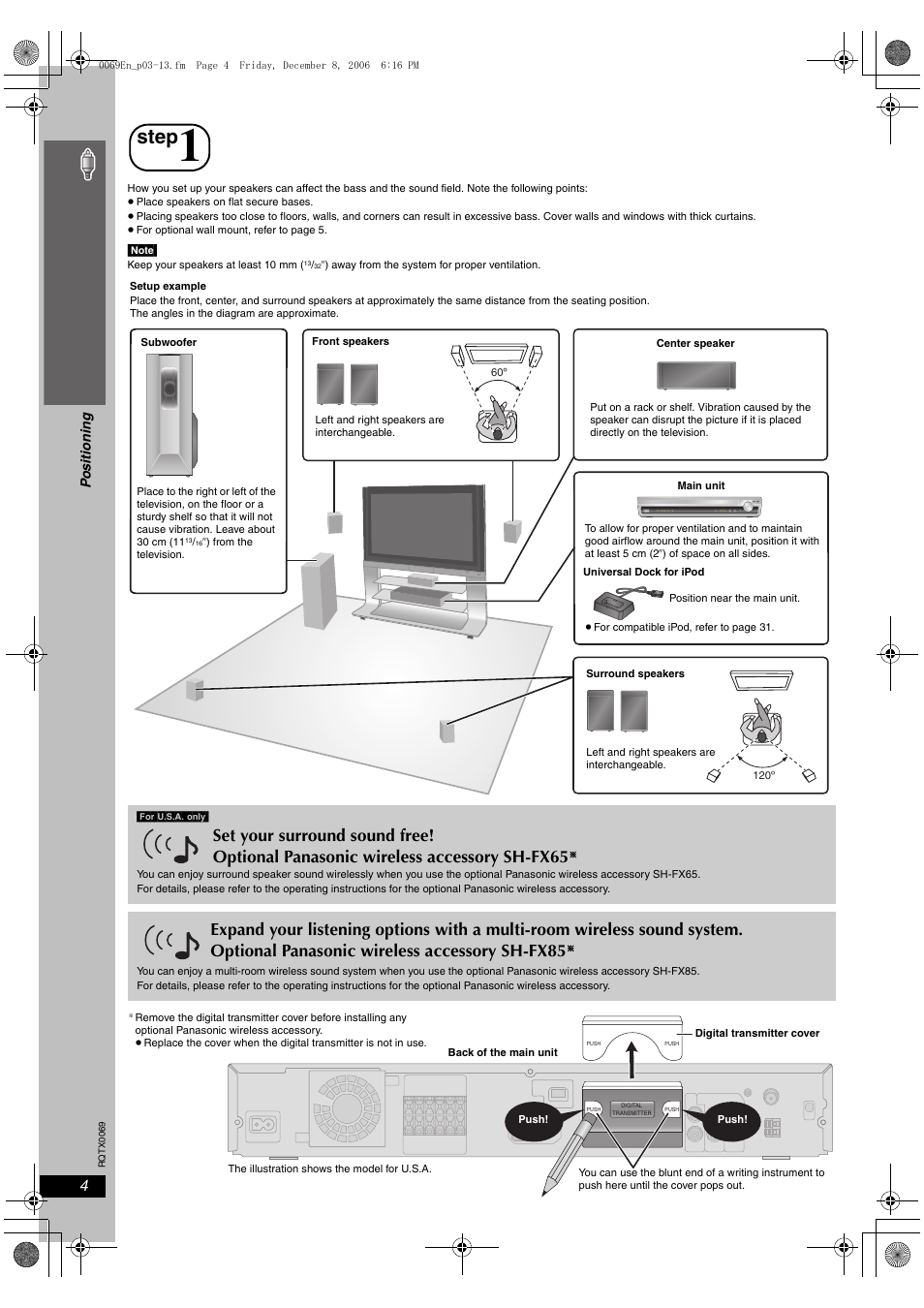 Simple setup, Step 1, Step | Positioning, Si mp le s etu p | Panasonic SC-PT650 User Manual | Page 4 / 40