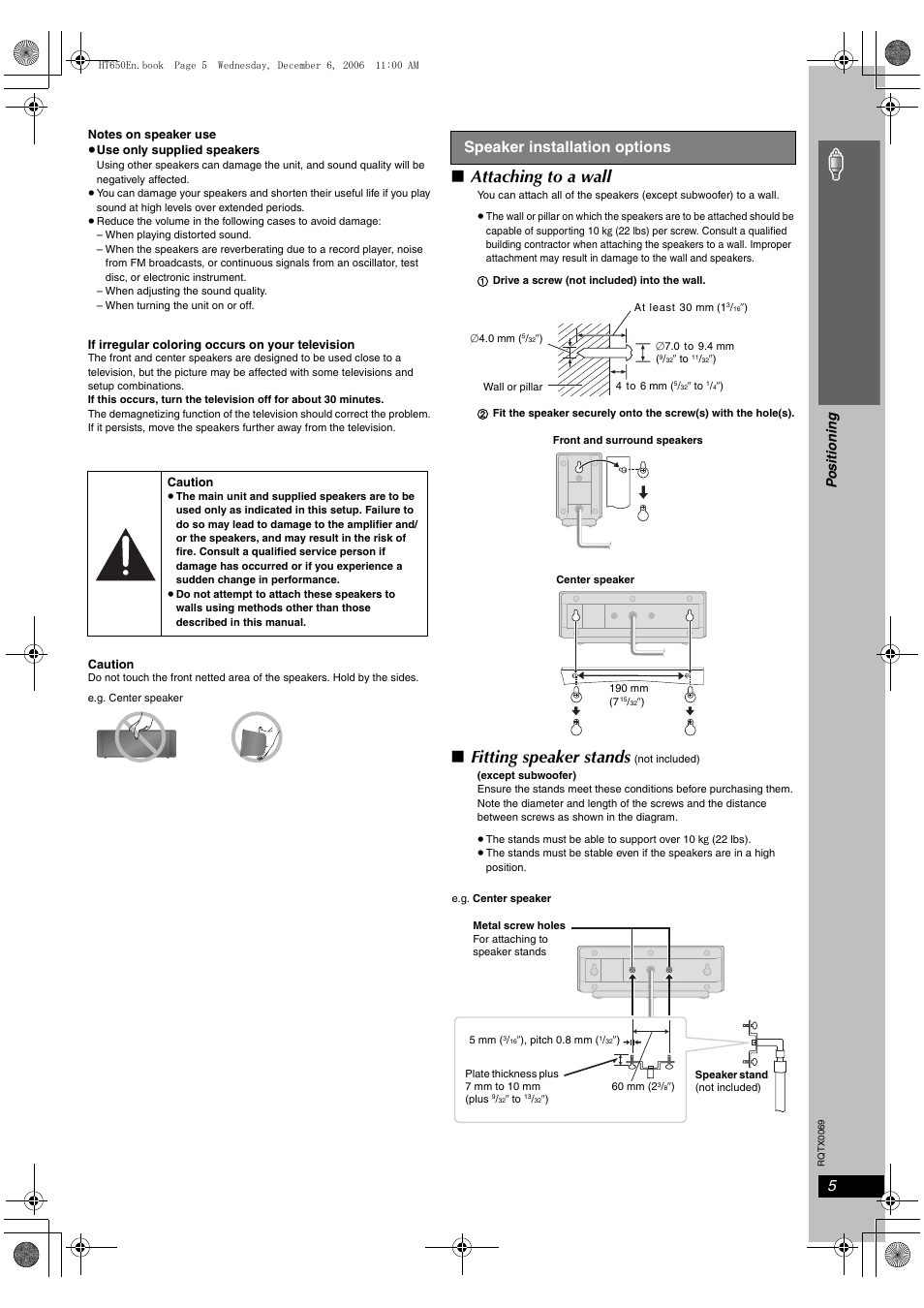 Attaching to a wall, Fitting speaker stands, Si mp le s etu p | Speaker installation options, Po s it io n in g | Panasonic SC-PT650 User Manual | Page 5 / 40