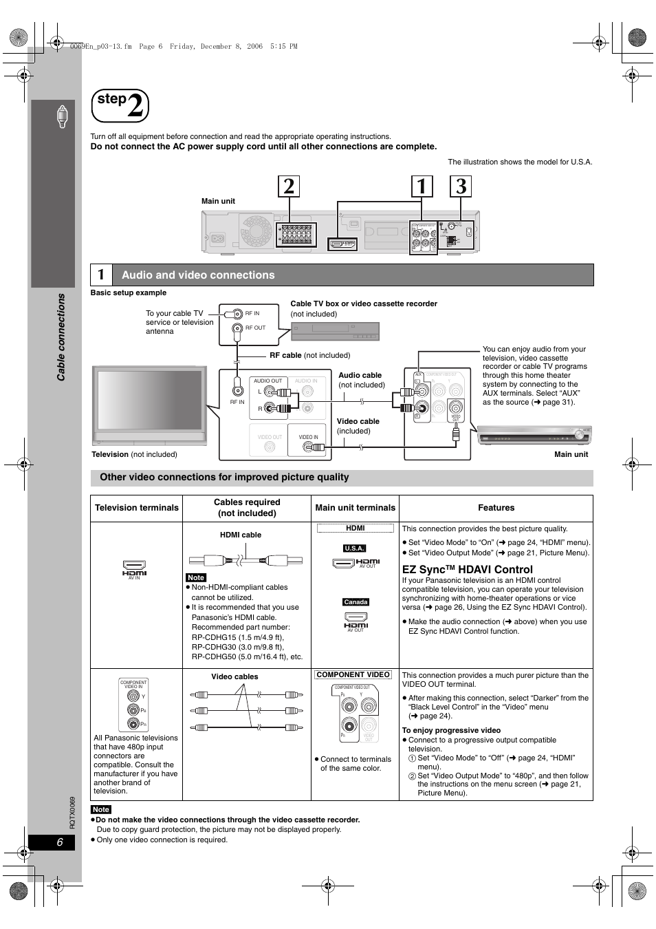 Step 2, Step, Cable connections | Si mp le s etu p, Audio and video connections, Ez sync, Hdavi control, Ca b le connec tions | Panasonic SC-PT650 User Manual | Page 6 / 40